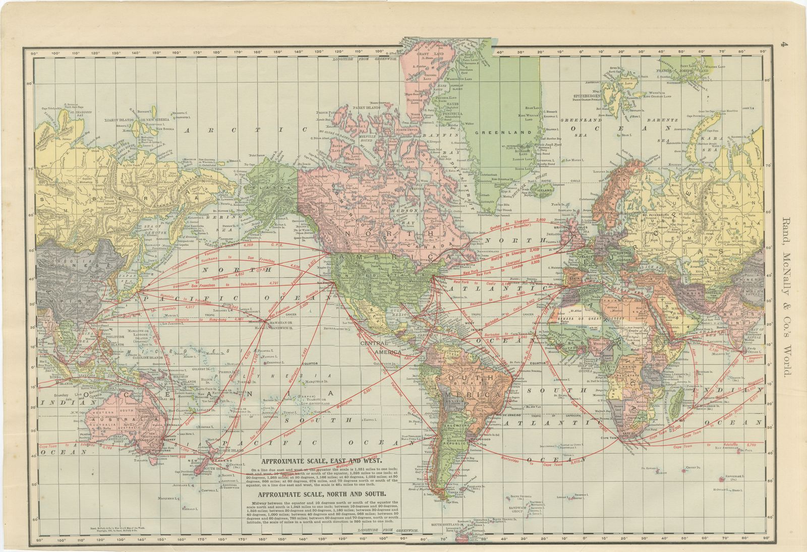 Antique Map of the World, with Steamship Routes, Rand McNally, 1899