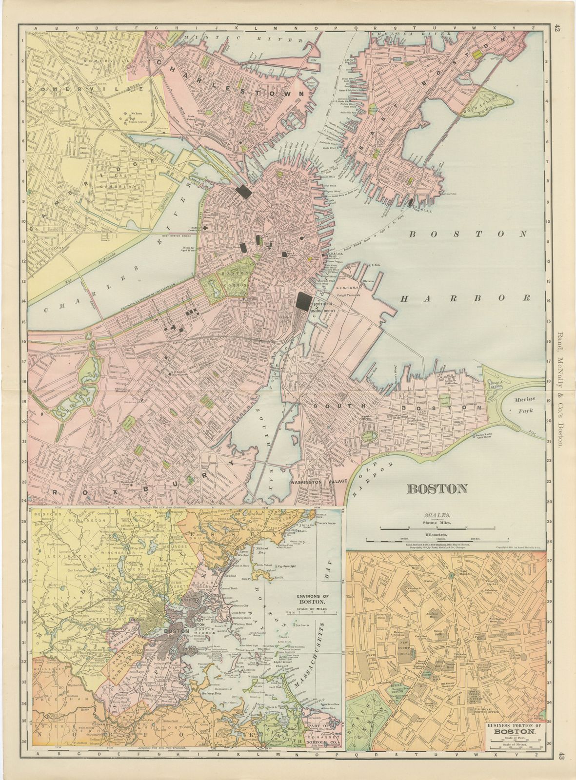 Antique Map of Boston, with Harbor and Environs Inset, Rand McNally, 1899