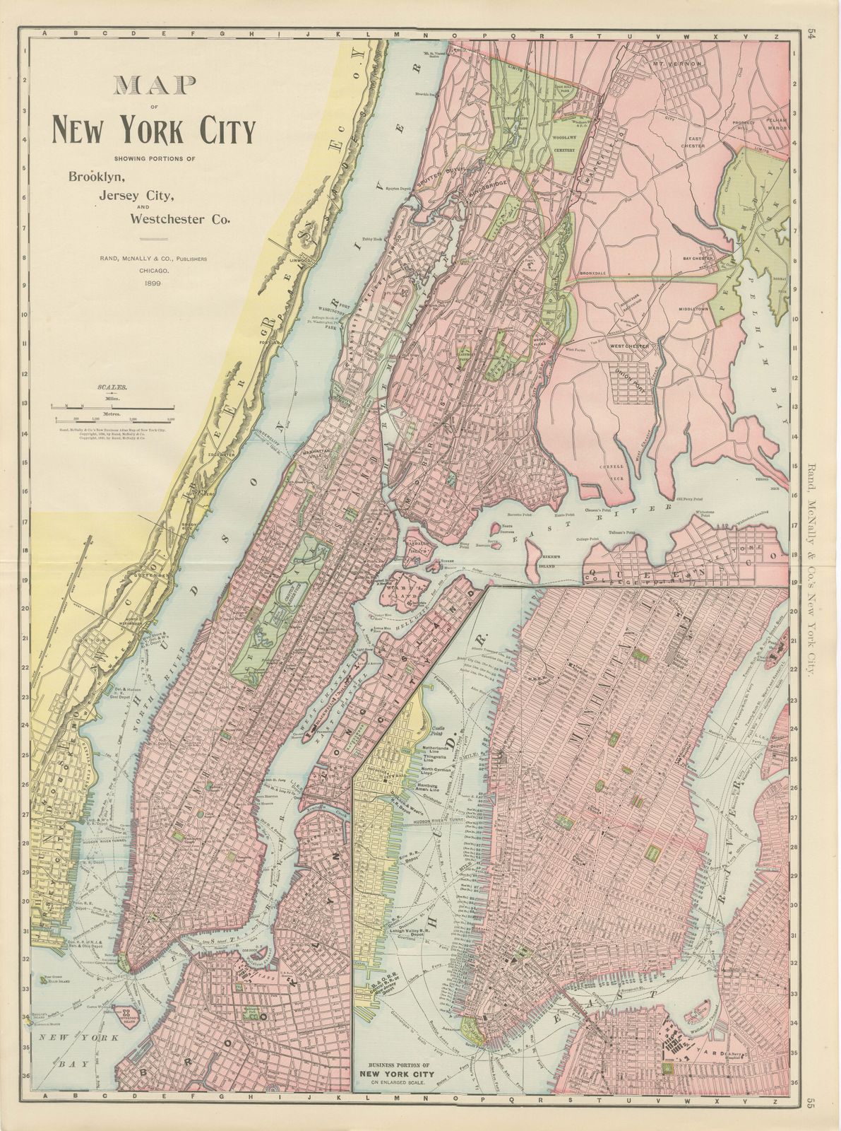 Antique Map of Manhattan, New York City, with Central Park, Rand McNally, 1899