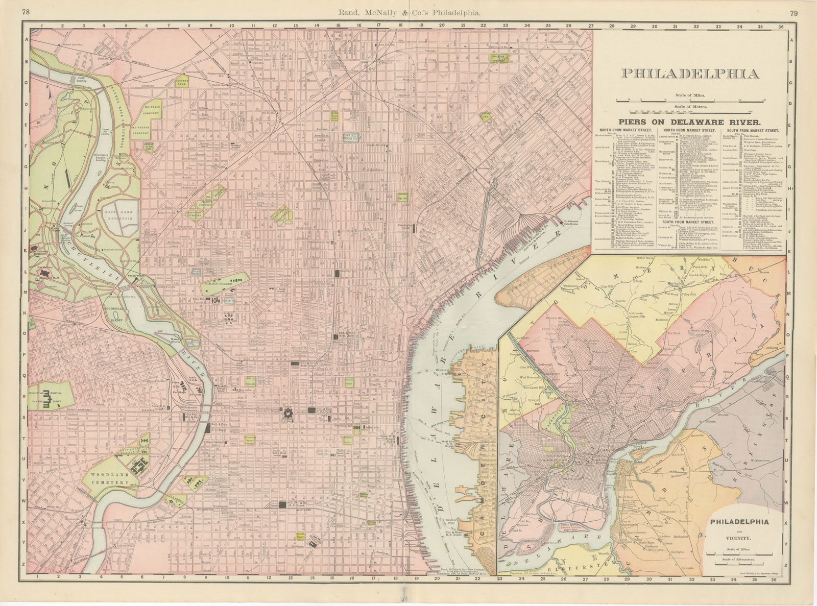Antique Map of Philadelphia, with Delaware River Piers, Rand McNally, 1899