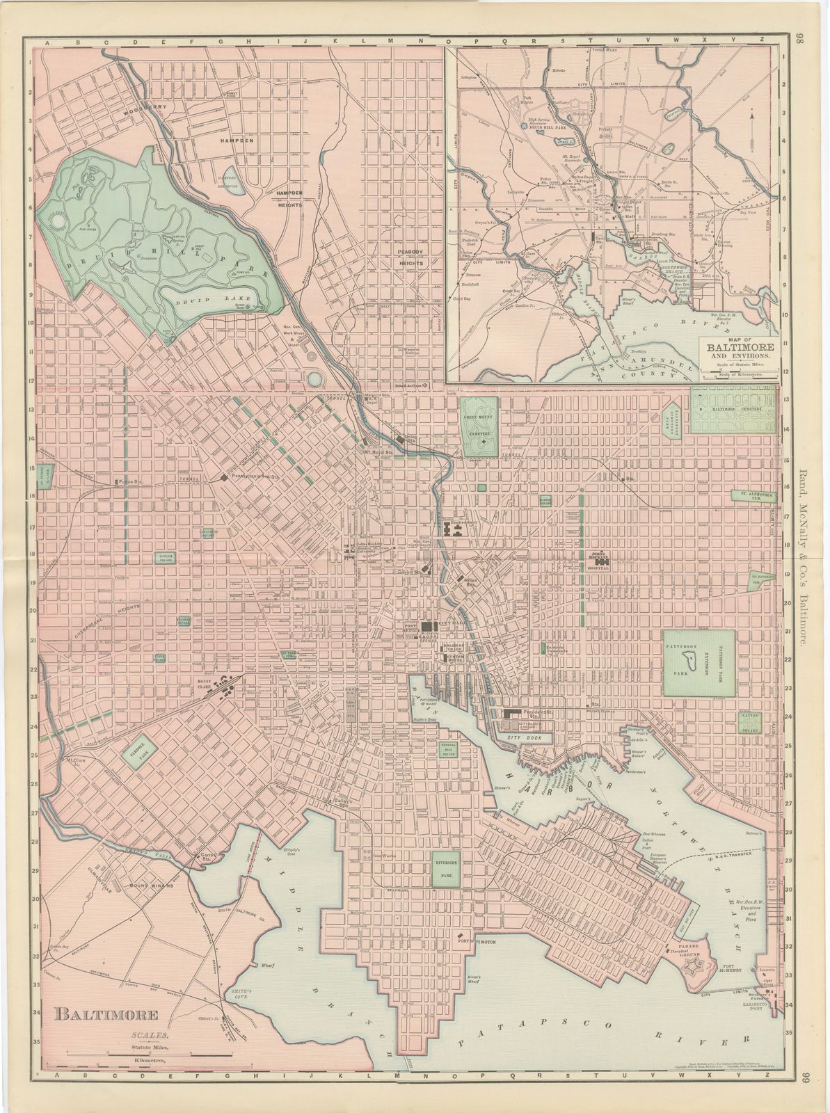 Antique Map of Baltimore, with Druid Hill Park, Rand McNally, 1899