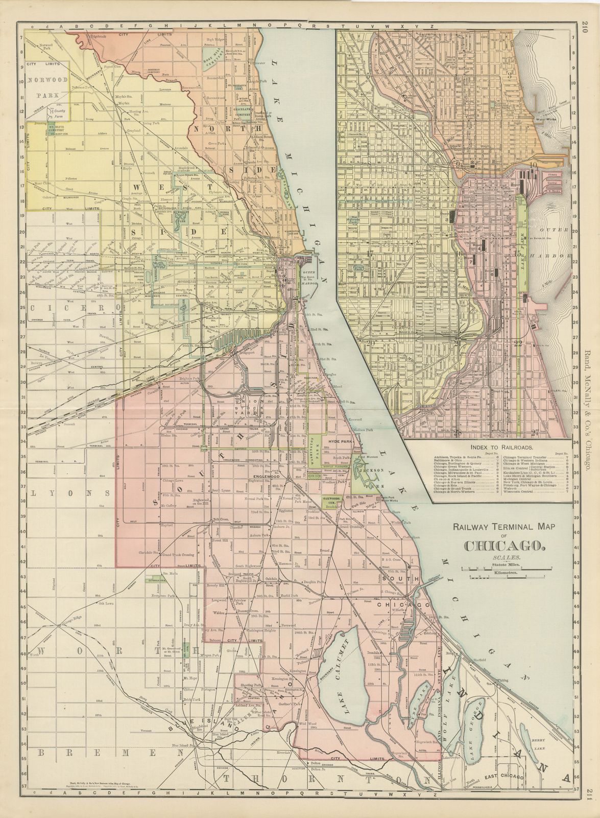 Antique Map of Chicago Railway Terminals, The Windy City, Rand McNally, 1899