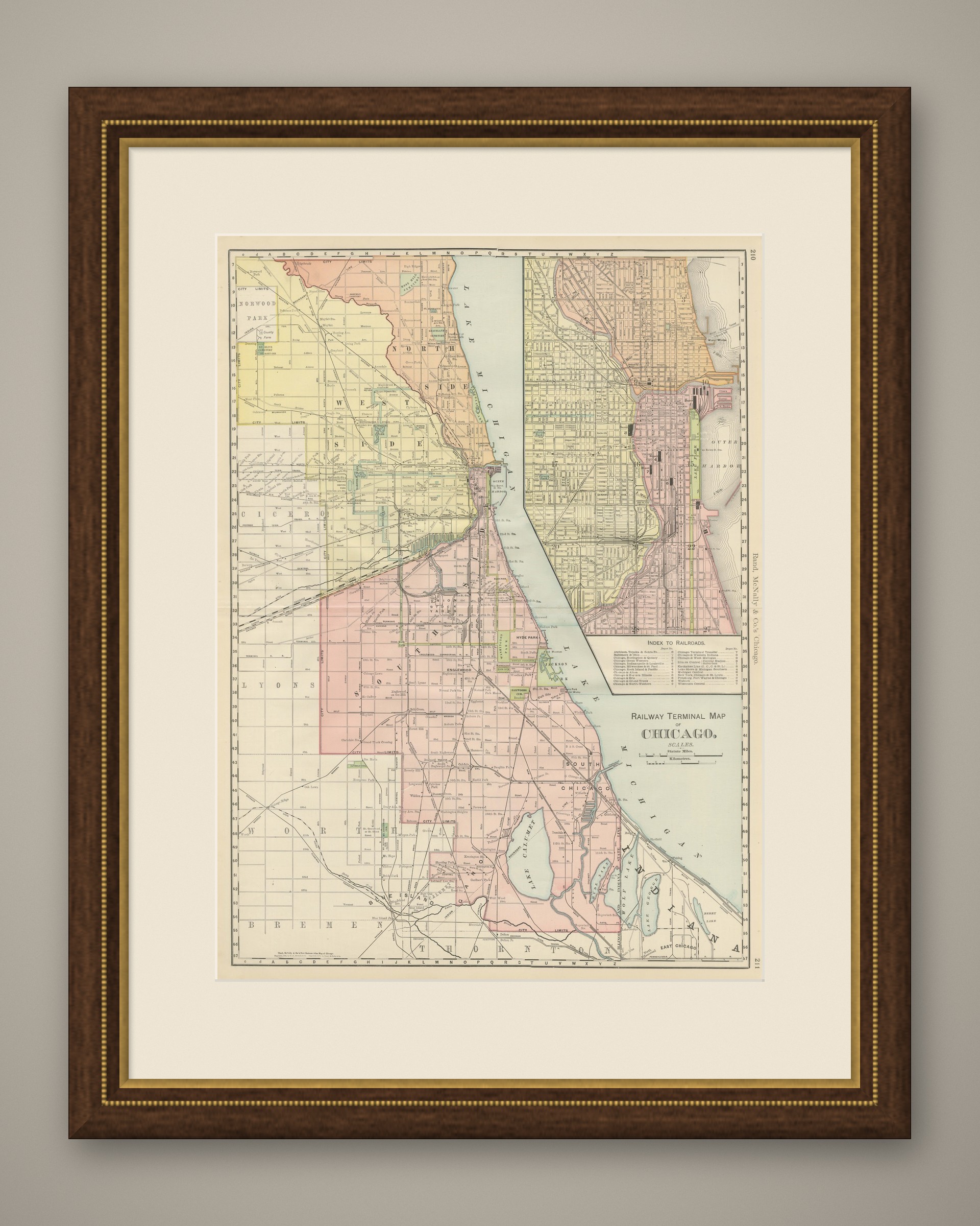 Antique Map of Chicago Railway Terminals, The Windy City, Rand McNally, 1899