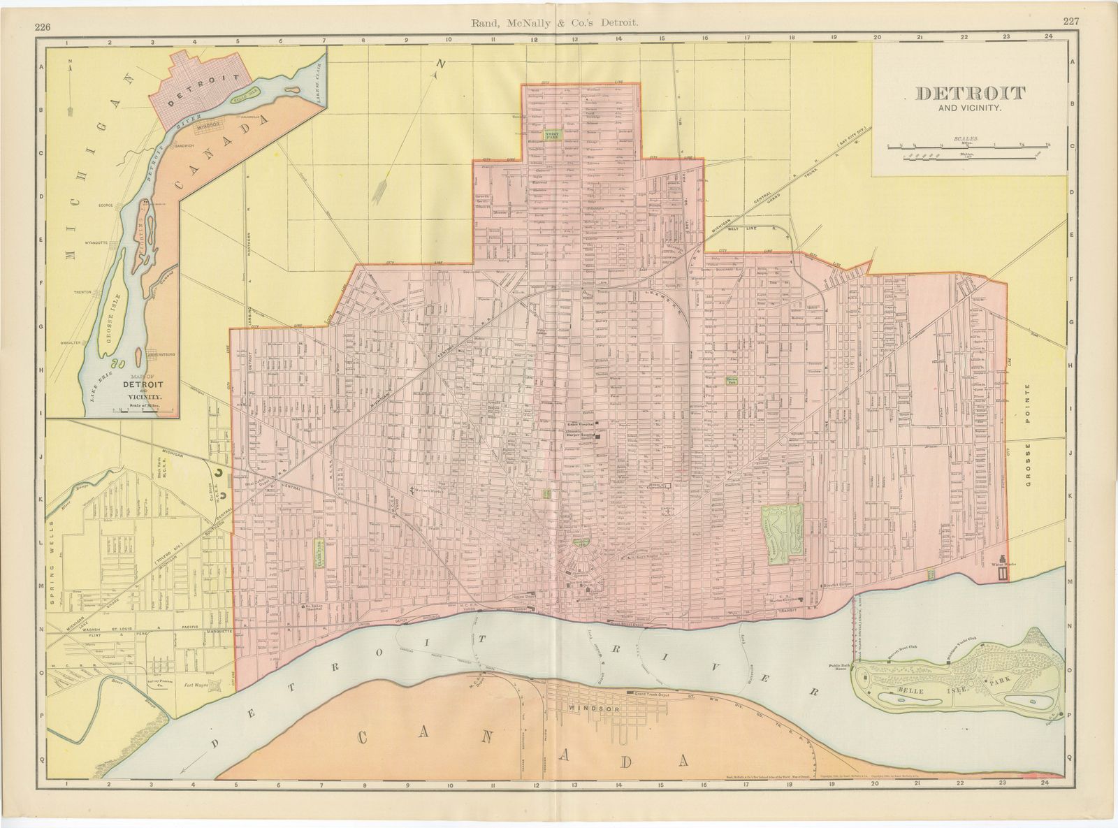 Antique Map of Detroit, with Belle Isle Park, Rand McNally, 1899