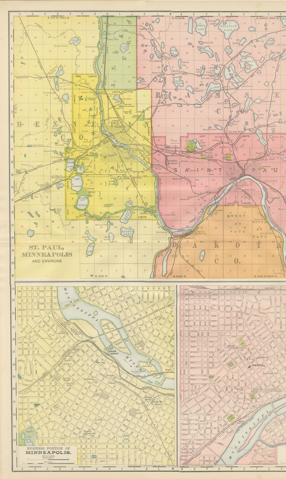 Antique Map of St. Paul and Minneapolis, The Twin Cities, Rand McNally, 1899