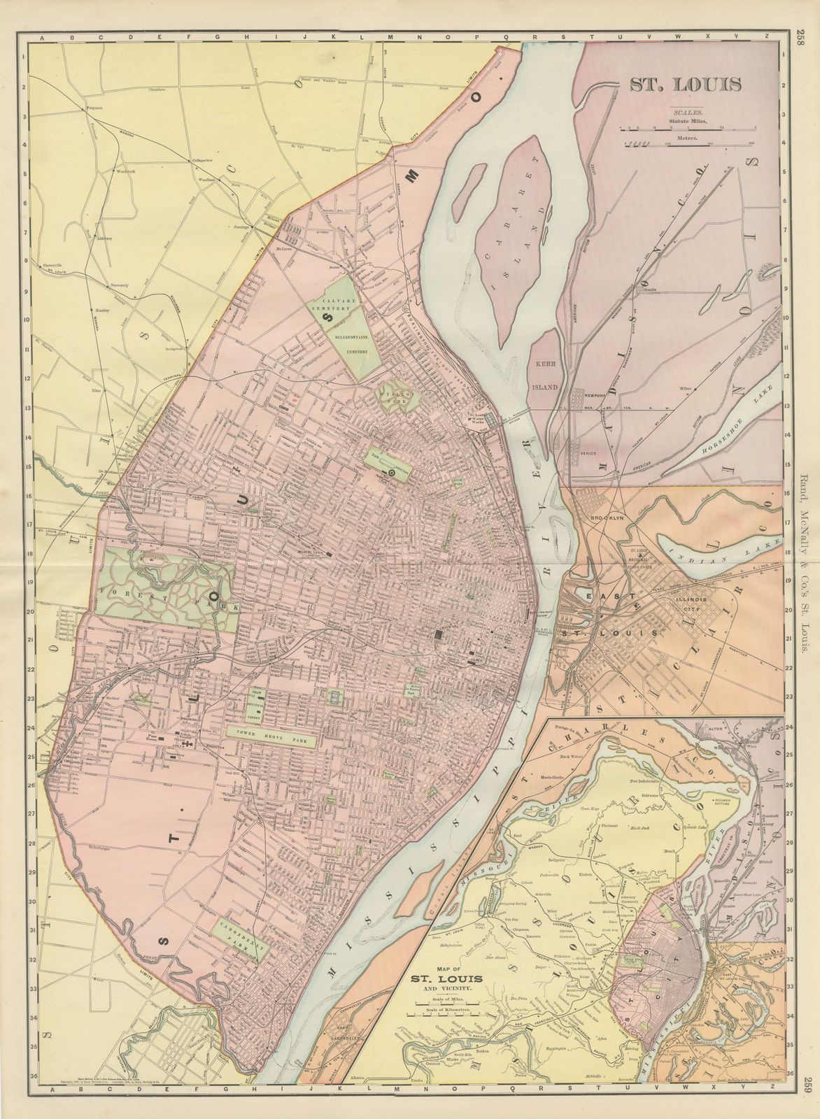 Antique Map of St. Louis, with Forest Park, Rand McNally, 1899