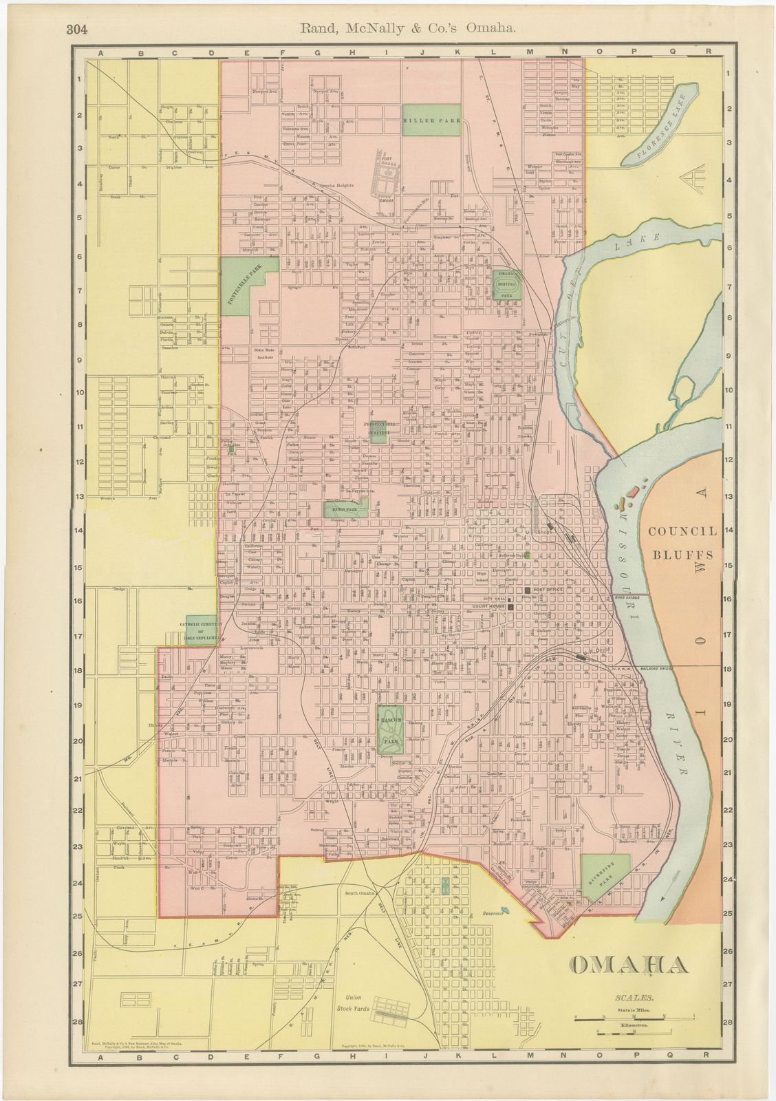 Antique Map of Omaha, with Union Stock Yards, Rand McNally, 1899