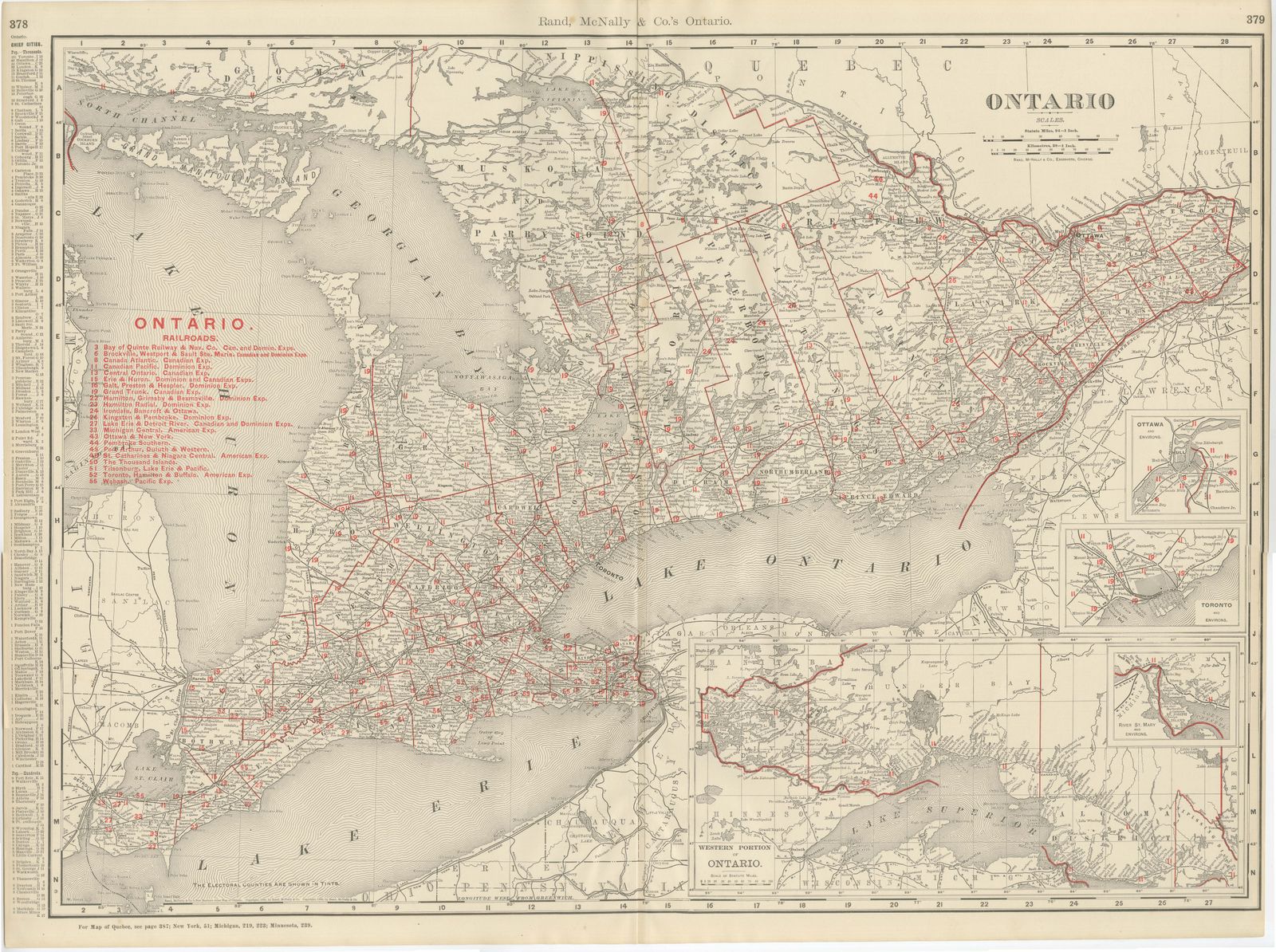 Antique Map of Ontario, with Toronto and Ottawa Insets, Rand McNally, 1899