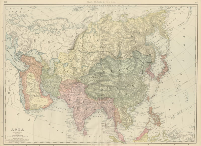 Antique Map of Asia, with British India and Japan, Rand McNally, 1899