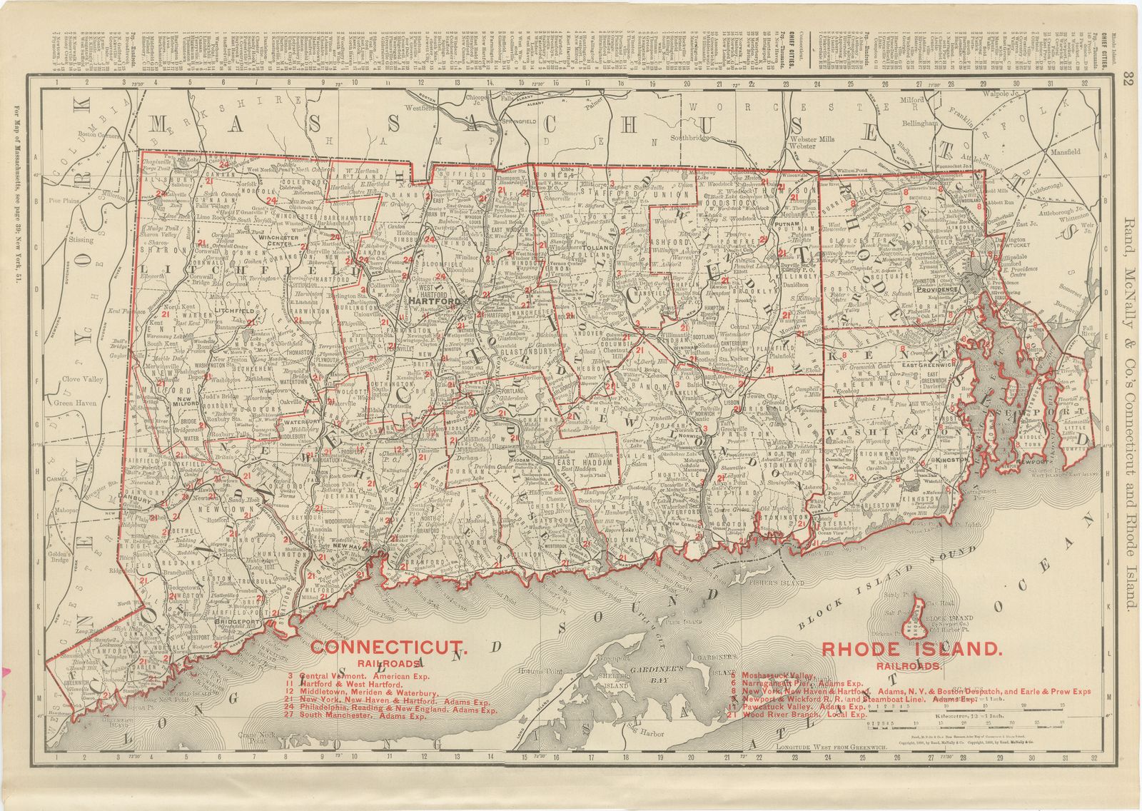 Antique Map of Connecticut and Rhode Island, with Narragansett Bay, 1899