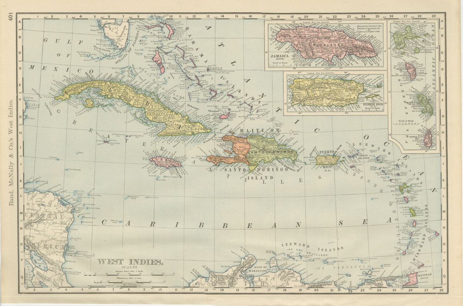 Antique Map of the West Indies, with Cuba, Jamaica and Puerto Rico, 1899