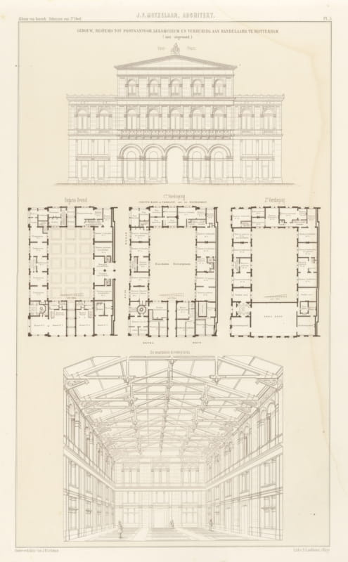 Unbuilt Rotterdam Post Office, Dutch Architecture Print, Leliman, 1865-1866