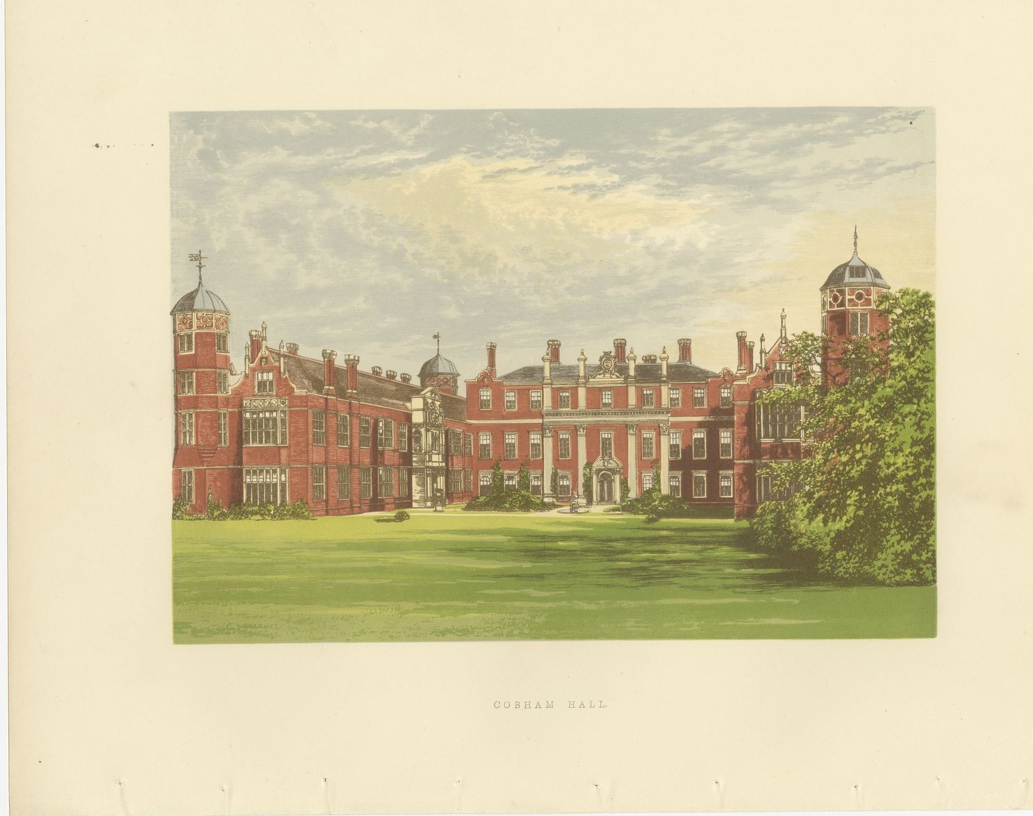 Cobham Hall, Kent, Antique Morris Woodblock Print, circa 1870