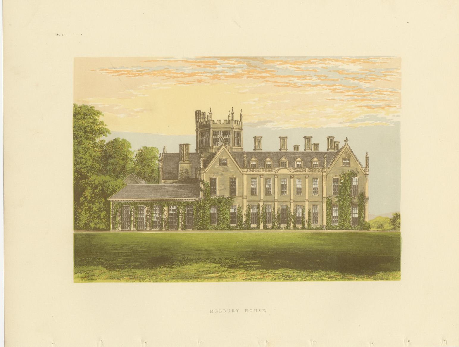 Melbury House, Dorset, Antique Morris Woodblock Print, circa 1870