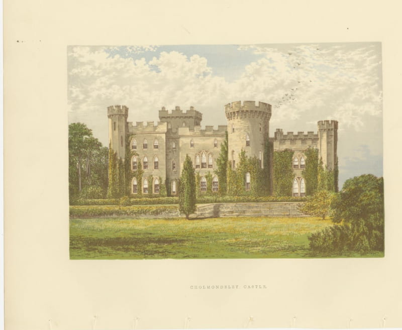 Cholmondeley Castle, Cheshire, Antique Morris Woodblock Print, circa 1870