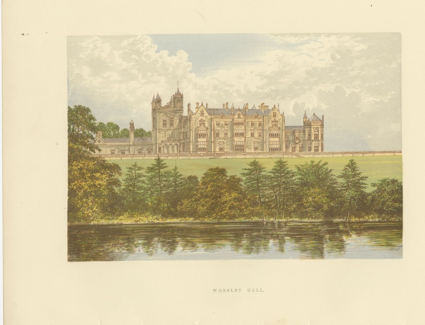Worsley Hall, Lancashire, Antique Morris Woodblock Print, circa 1870