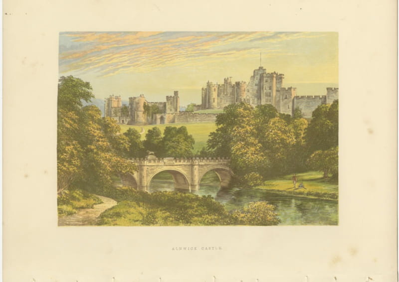Alnwick Castle, Northumberland, Antique Morris Woodblock Print, circa 1870
