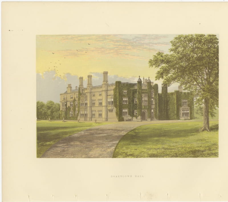 Drakelowe Hall, Derbyshire, Antique Morris Woodblock Print, circa 1870