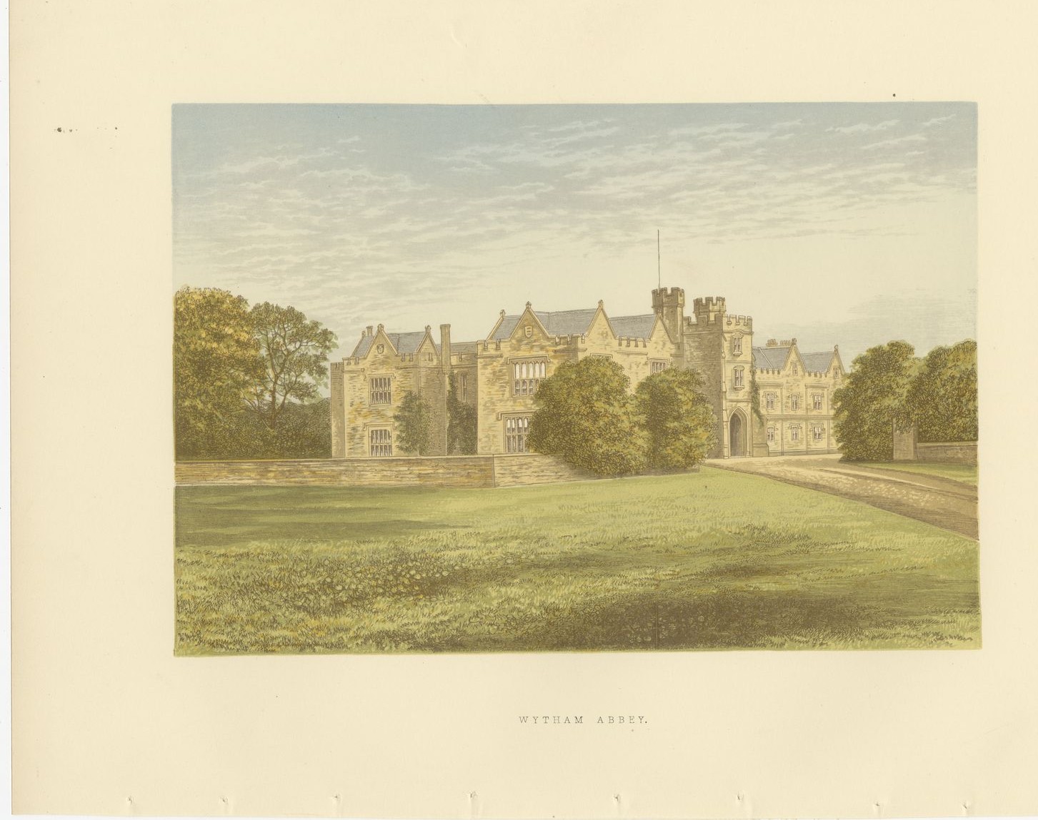 Wytham Abbey, Berkshire, Antique Morris Woodblock Print, circa 1870
