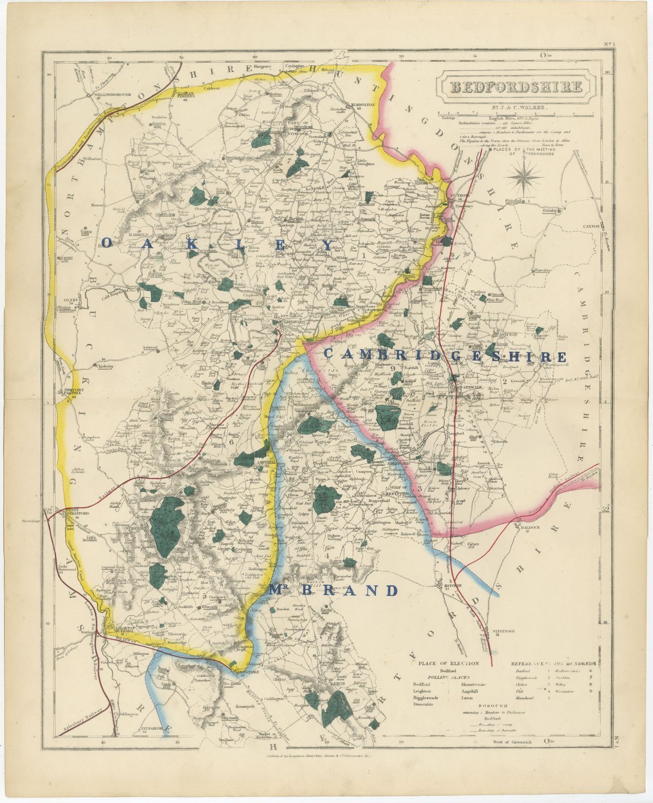 Antique Hobson Fox Hunting Map of Bedfordshire, Oakley Hunt, circa 1870