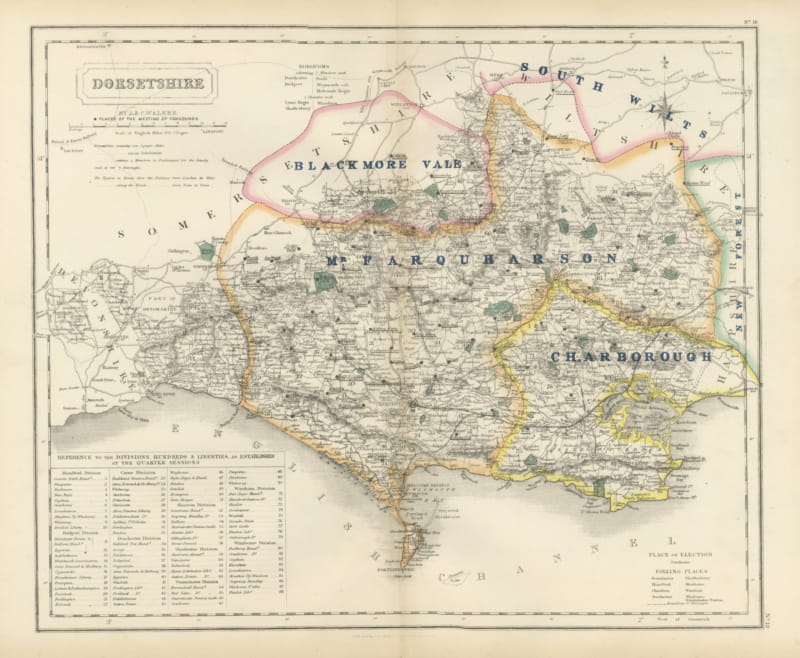Antique Hobson Fox Hunting Map of Dorsetshire, Blackmore Vale Hunt, circa 1870