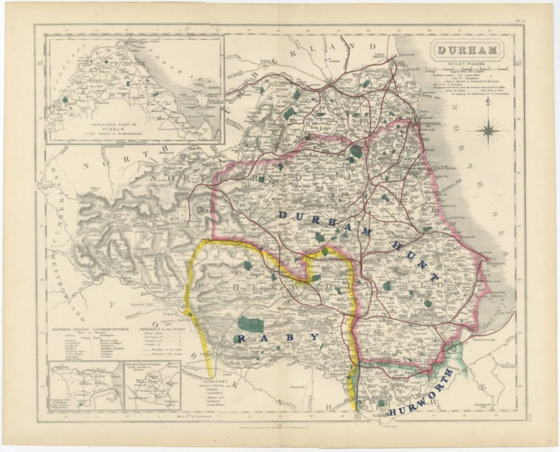 Antique Hobson Fox Hunting Map of Durham, Raby Hunt, circa 1870