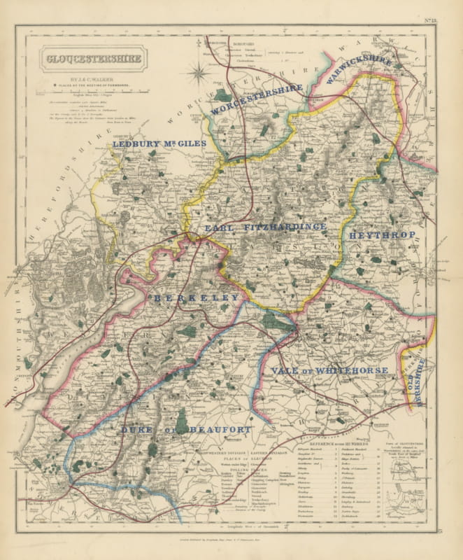 Antique Hobson Fox Hunting Map of Gloucestershire, Beaufort Hunt, circa 1870