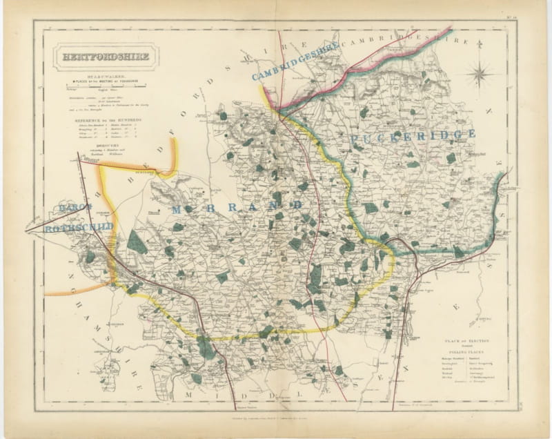 Antique Hobson Fox Hunting Map of Hertfordshire, Puckeridge Hunt, circa 1870