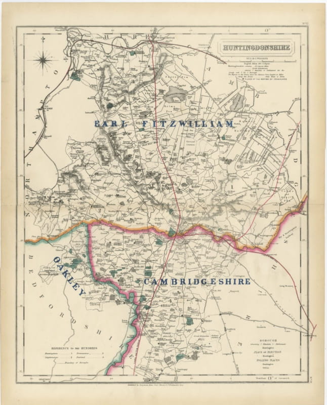 Antique Hobson Fox Hunting Map of Huntingdonshire, Fitzwilliam Hunt, circa 1870