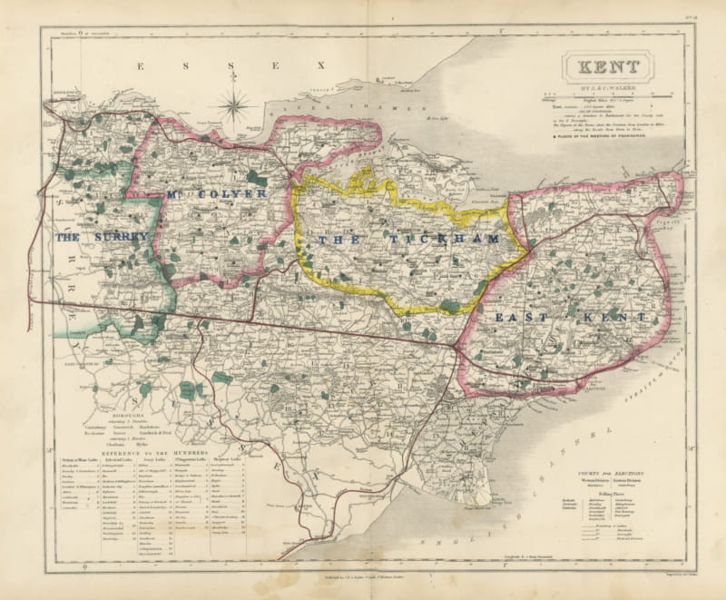 Antique Hobson Fox Hunting Map of Kent, Tickham Hunt, circa 1870