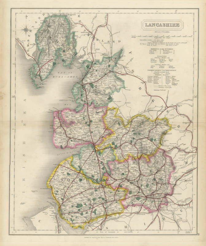 Antique Hobson Map of Lancashire, with Liverpool and Manchester, circa 1870