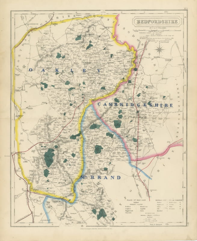 Antique Hobson Fox Hunting Map of Bedfordshire, Oakley Hunt, circa 1870