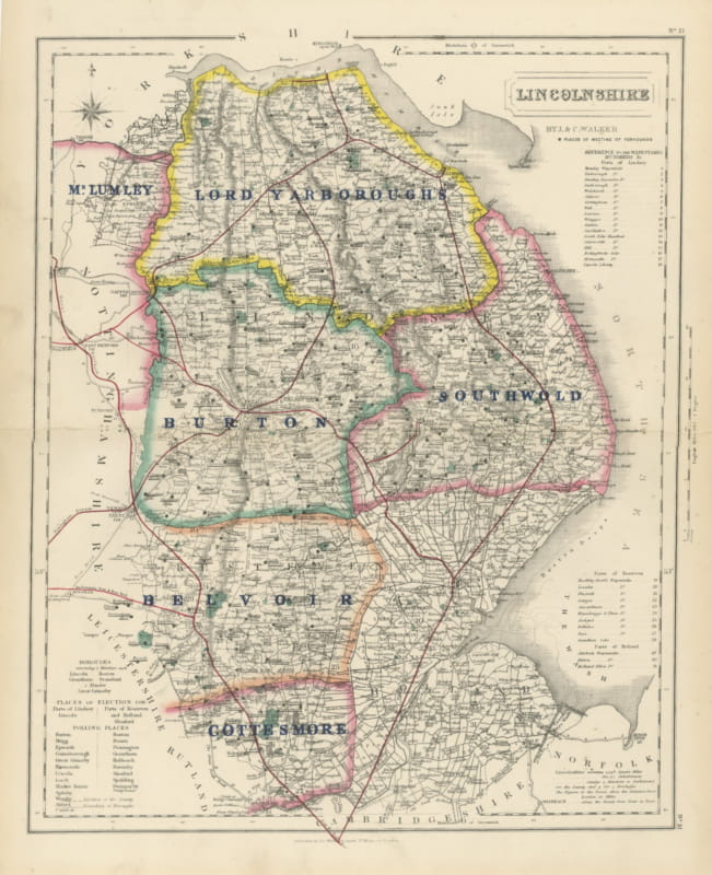 Hobson Fox Hunting Map of Lincolnshire, Lord Yarborough's Hunt, circa 1870