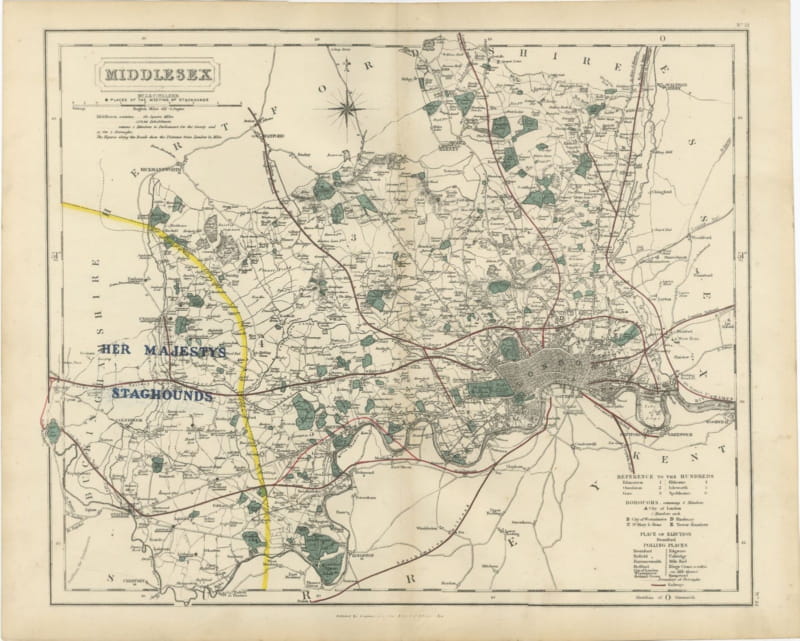 Antique Hobson Fox Hunting Map of Middlesex, Royal Staghounds, circa 1870