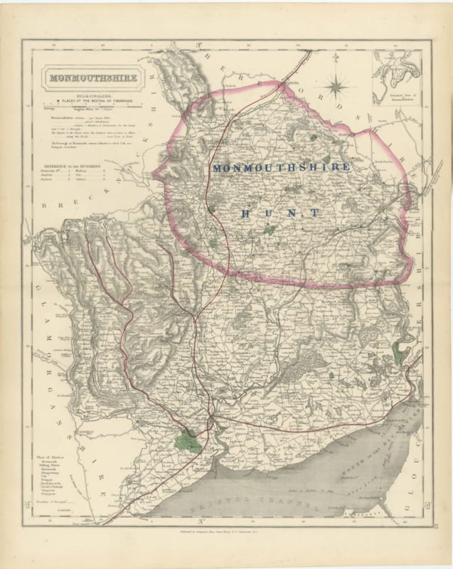 Antique Hobson Fox Hunting Map of Monmouthshire, Monmouthshire Hunt, circa 1870