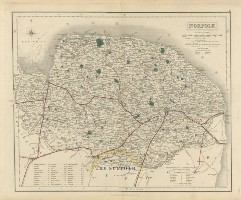 Antique Hobson Fox Hunting Map of Norfolk, with The Wash, circa 1870