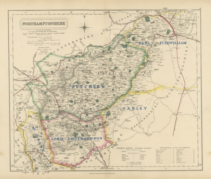 Antique Hobson Fox Hunting Map of Northamptonshire, Pytchley Hunt, circa 1870