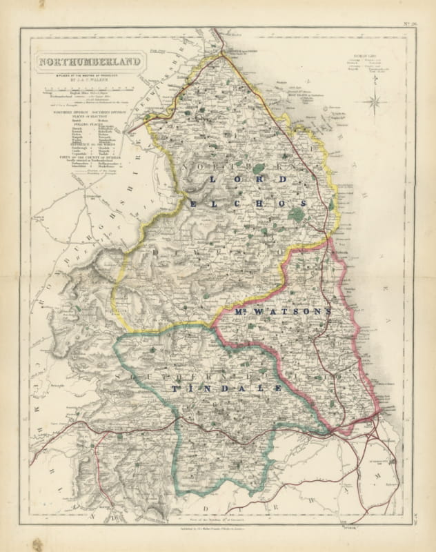 Antique Hobson Fox Hunting Map of Northumberland, Tynedale Hunt, circa 1870