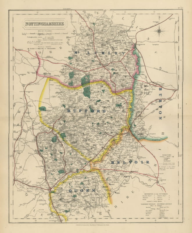 Antique Hobson Fox Hunting Map of Nottinghamshire, Rufford Hunt, circa 1870
