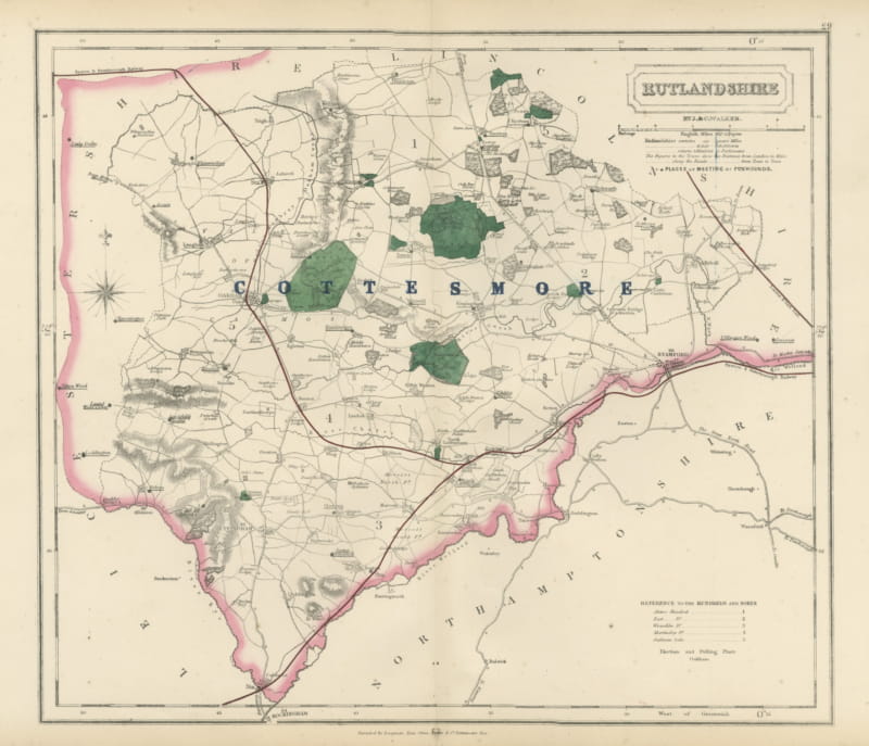 Antique Hobson Fox Hunting Map of Rutland, Cottesmore Hunt, circa 1870