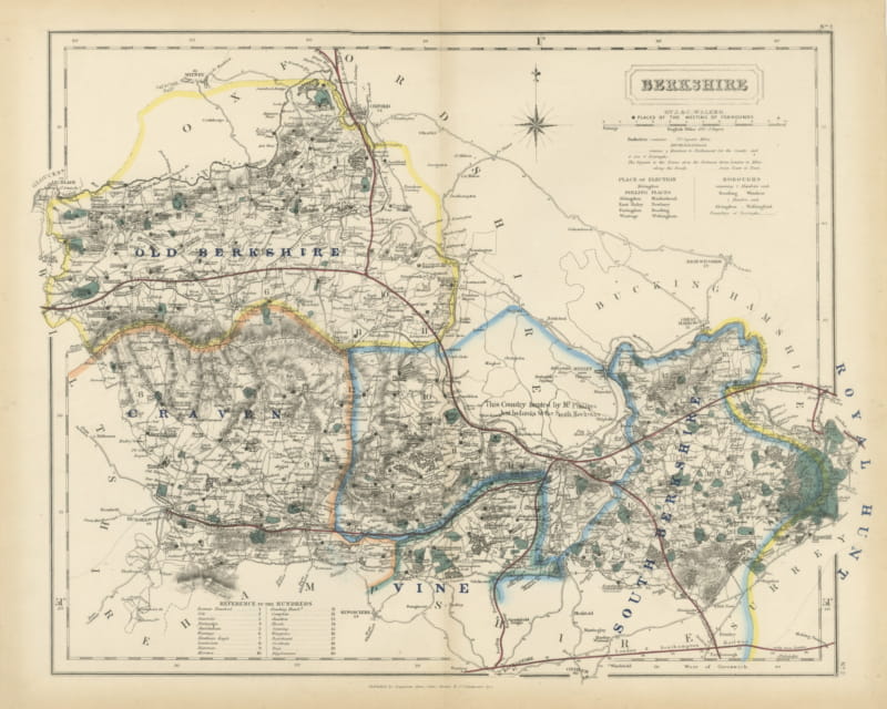 Antique Hobson Fox Hunting Map of Berkshire, Old Berkshire Hunt, circa 1870