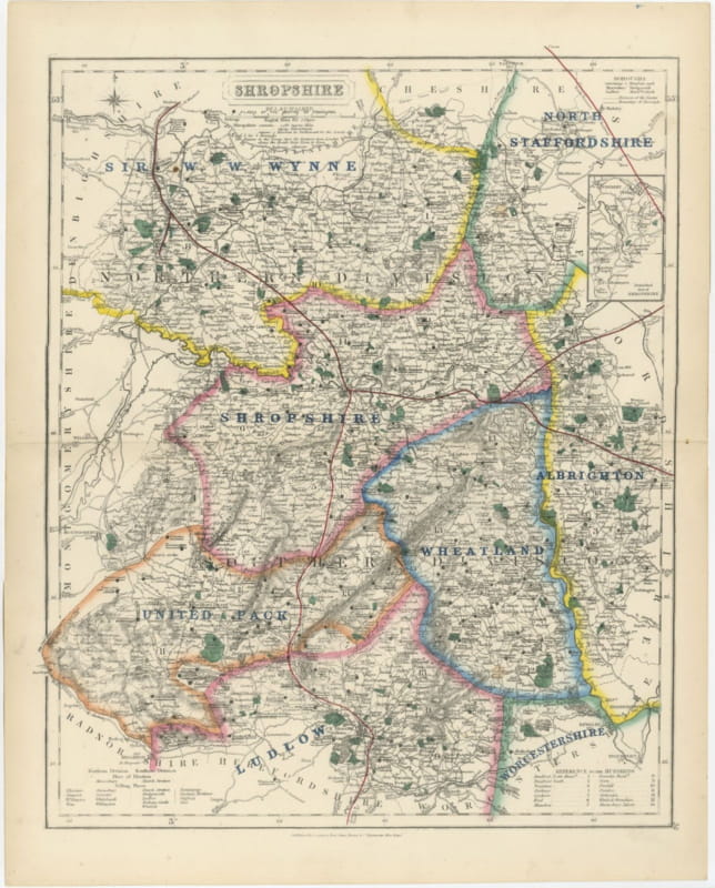 Antique Hobson Fox Hunting Map of Shropshire, Wynnstay Hunt, circa 1870