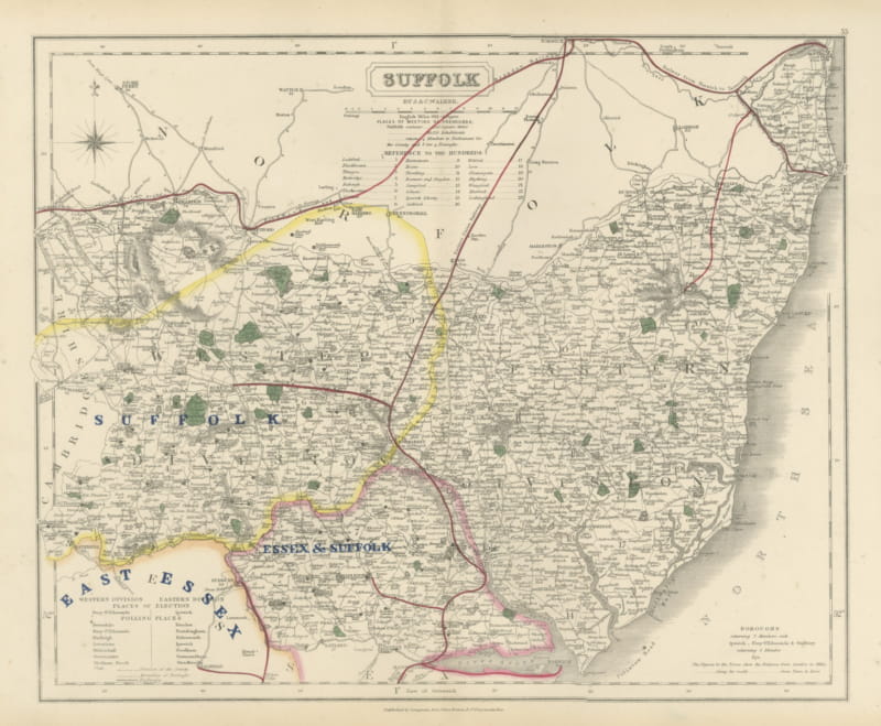 Antique Hobson Fox Hunting Map of Suffolk, Suffolk Hunt, circa 1870