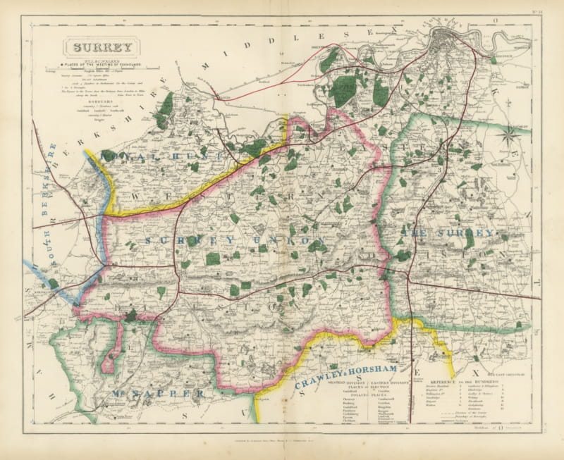 Antique Hobson Fox Hunting Map of Surrey, Surrey Union Hunt, circa 1870