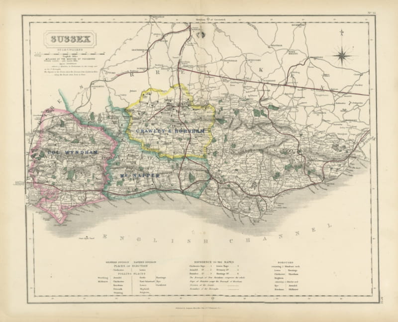 Antique Hobson Fox Hunting Map of Sussex, Crawley and Horsham Hunt, circa 1870