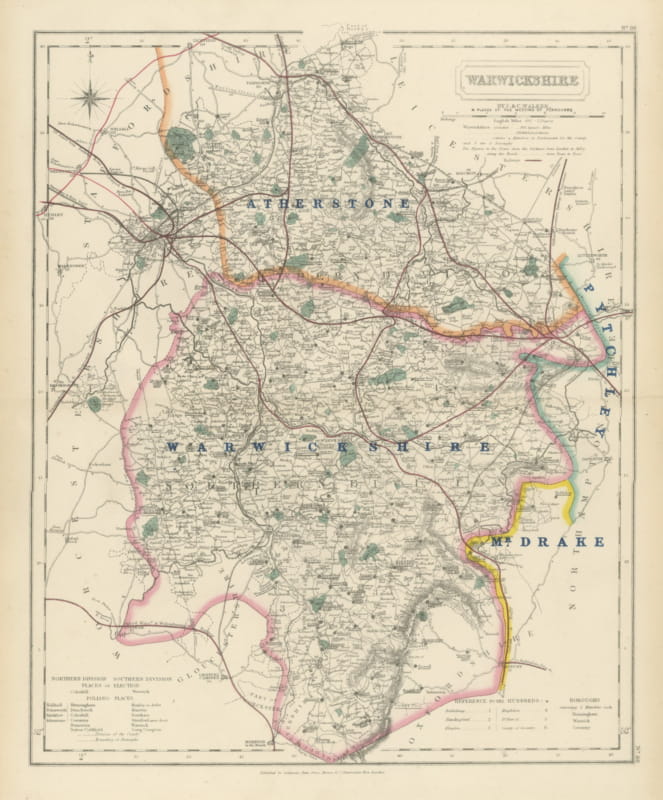Antique Hobson Fox Hunting Map of Warwickshire, Atherstone Hunt, circa 1870
