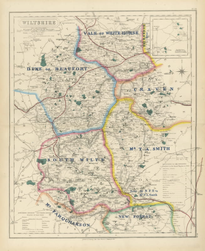 Antique Hobson Fox Hunting Map of Wiltshire, Beaufort Hunt, circa 1870