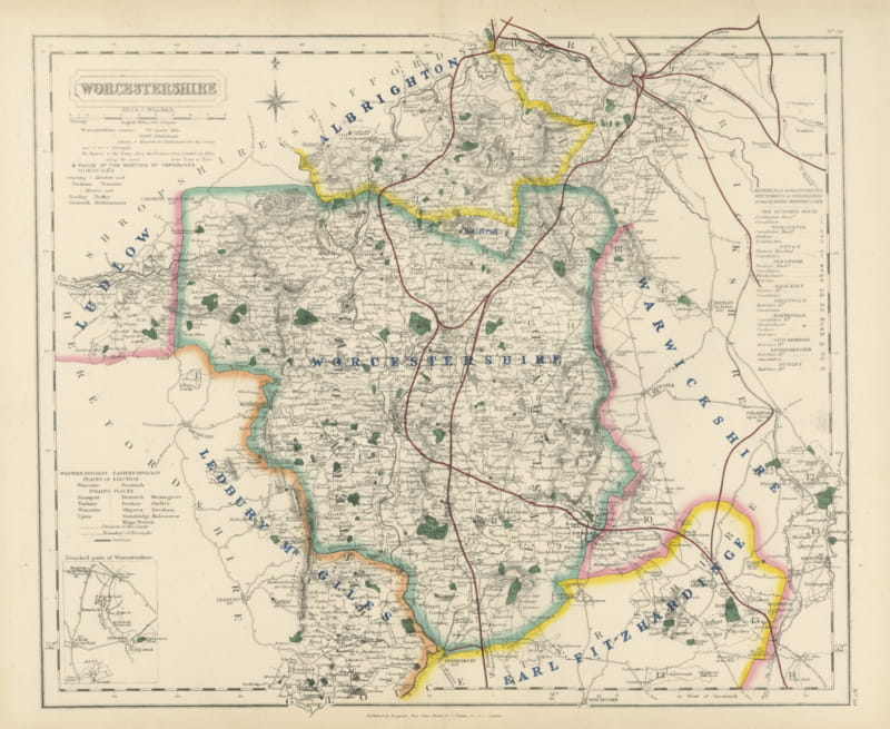 Antique Hobson Fox Hunting Map of Worcestershire, Albrighton Hunt, circa 1870