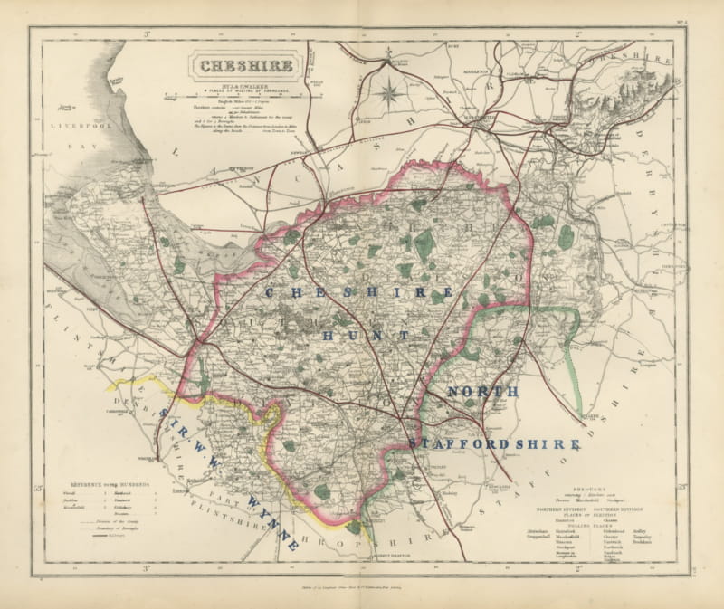 Antique Hobson Fox Hunting Map of Cheshire, Cheshire Hunt, circa 1870