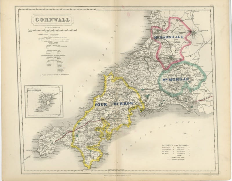 Antique Hobson Fox Hunting Map of Cornwall, Four Burrow Hunt, circa 1870